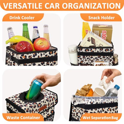 Car Trash Can with Lid Leak Proof Car Accessories for Women (2.2 Gallons / Leopard Pattern)