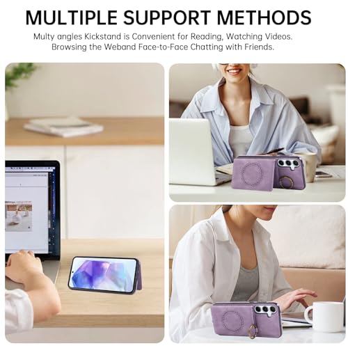 Compatible with Samsung Galaxy S24 FE 5G Wallet Case Screen Protector Crossbody Shoulder Strap Ring Buckle Stand Card Holder Magnetic Car Mount Phone Cover for S 24 EF AI S24FE 24S Women Men Purple (Purple / for S24 FE)