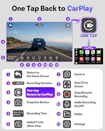 OttoSafe Dash Cam Front and Rear with Wireless CarPlay Adapter