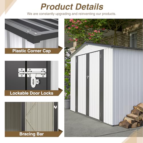 8x6 FT Outdoor Metal Storage Shed with Lockable Door & Floor Frame (White / 8x6 Ft)