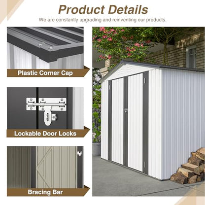 8x6 FT Outdoor Metal Storage Shed with Lockable Door & Floor Frame (White / 8x6 Ft)