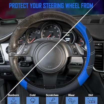 Line Rider Microfiber Leather Sporty Steering Wheel Cover Universal Fits for 95% Truck (Black＆Blue / Standard[14.5"-15"])