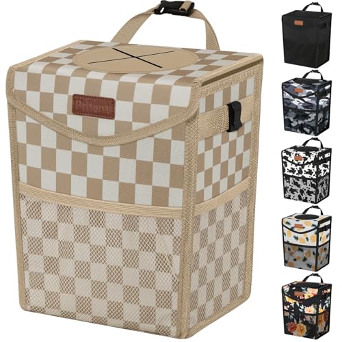 Car Trash Can with Lid Leakproof Car Garbage Bag Vehicle Trash Bin (2 Gallons / Khaki Checkered)