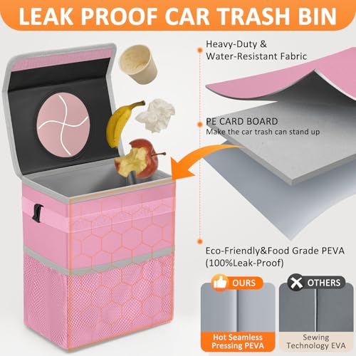 Car Trash Can with Lid Leak Proof Car Accessories for Women (3 Gallons / Pink)