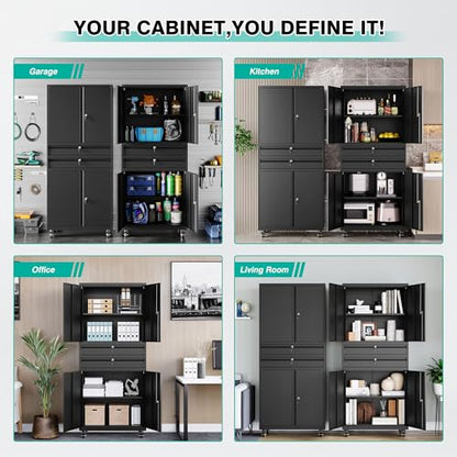 Metal Storage Cabinet with Wheels and Drawers (73"H x 31.5"W x 16"D-B / Black)