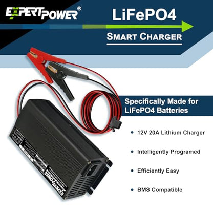 12V 20A Smart Charger for Lithium LiFePO4 Deep Cycle Rechargeable Batteries (20 Amp)