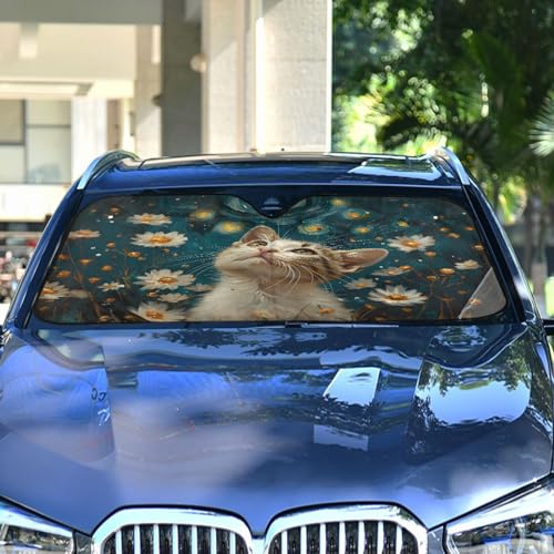 Car Windshield Sun Shade Cat Daisy Flowers Foldable Car Front Windshield Sunshade Blocks UV Rays Sun Visor Sun Heat Protection for Car Truck SUV to Keep Your Vehicle Cool (Small / Cat Daisy Flowers)