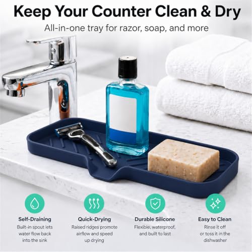 Silicone Soap Dish with Drain Spout (Navy Blue / L(12"×4"))