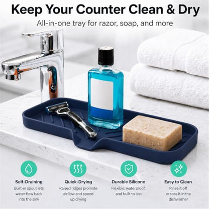 Silicone Soap Dish with Drain Spout (Navy Blue / L(12"×4"))