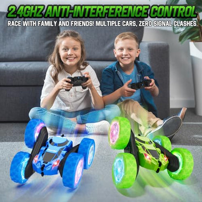 Remote Control Stunt Car for Kids (Green / Glow (Headlights & Wheel Lights))
