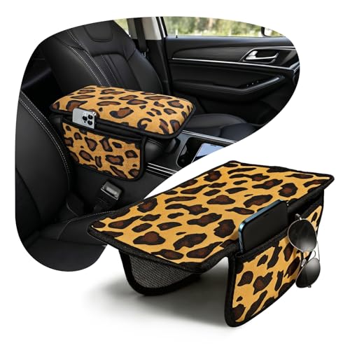Animal Print Car Center Console Armrest Cover with 2 Side Pockets (Leopard Print)