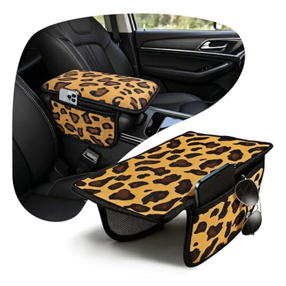 Animal Print Car Center Console Armrest Cover with 2 Side Pockets (Leopard Print)