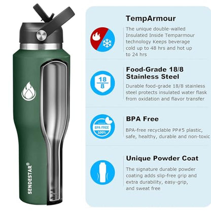 Water Bottle Wide Mouth Stainless Steel Vacuum Insulated Double Wall Keep Liquids Cold or Hot All Day (Dark Green / 40 Ounces)