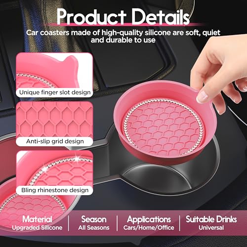 4 Pack Car Cup Holder Coaster Bling Crystal Rhinestone Car Interior (Peach Pink / 4 Pack)