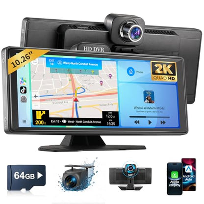 10.26" Portable Wireless CarPlay & Android Auto Screen for Car Stereo with 1080P Dash Cam & Backup Camera