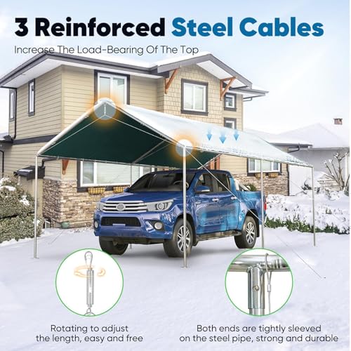 10x20 ft Heavy Duty Car Canopy Galvanized Frame Carport Outdoor Party Tent Boat Shelter with 3 Reinforced Steel Cables (Green / 10'x20')