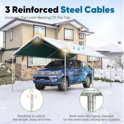10x20 ft Heavy Duty Car Canopy Galvanized Frame Carport Outdoor Party Tent Boat Shelter with 3 Reinforced Steel Cables (Green / 10'x20')