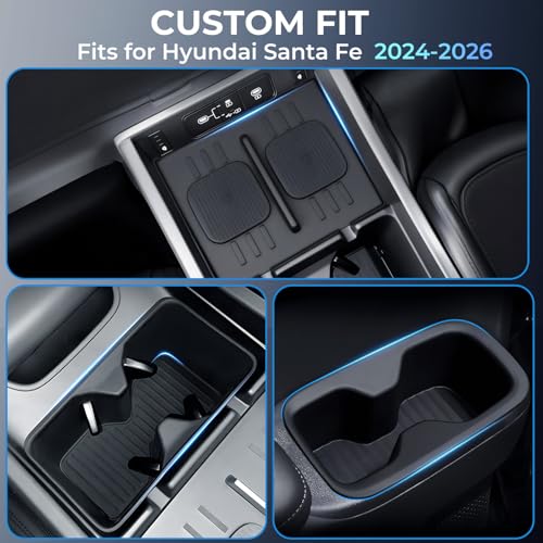 1st & 2nd Row Cup Holder Insert & Wireless Charging Protective Mat for Hyundai Santa Fe 2026 2025 2024 (for hyundai santa fe 2024-2026)
