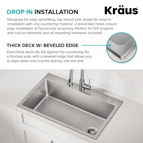 Stainless Steel 33 in 18 Gauge Drop In Kitchen Sink KHT640 (33 Inch / Single Bowl — Drop In)