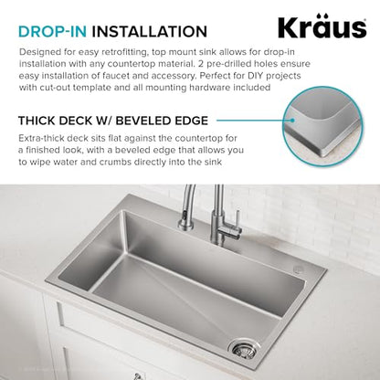 Stainless Steel 33 in 18 Gauge Drop In Kitchen Sink KHT640 (33 Inch / Single Bowl — Drop In)