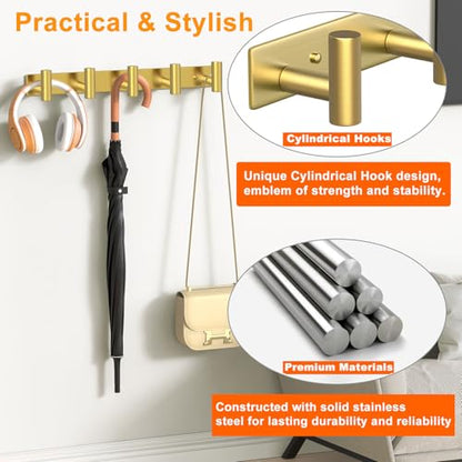 Wall Mounted Coat Rack ("T" Shape 5 Hooks - 1 Pack / Gold)