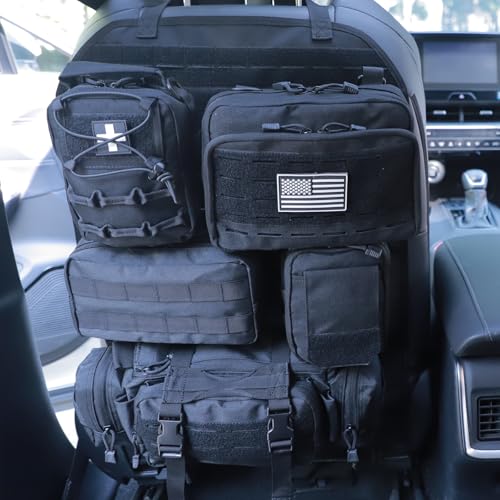 Universal Tactical Seat Back Organizer Vehicle Molle Panel Organizer Storage Bag with 5 Detachable Molle Pouch for All Vehicel Such as Jeep (Upgraded-C-Black)