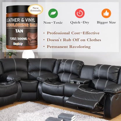 Saddle Tan Leather Dye Light Brown Recoloring Balm Repair Kit Vinyl Car Seat Interior Paint Furniture Couch Recliner Chair Boot Jacket Shoe Bag Purse Color Restorer Fading Scratch Stain Remover (Tan)