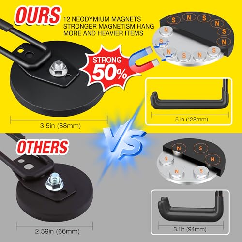 2 Pack Large Strong Magnetic Hooks For Hanging Heavy Duty (3.5in Magnet-4 Pack Larger L Hooks-Black)
