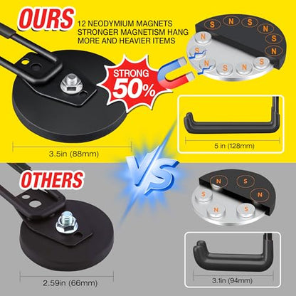 2 Pack Large Strong Magnetic Hooks For Hanging Heavy Duty (3.5in Magnet-4 Pack Larger L Hooks-Black)