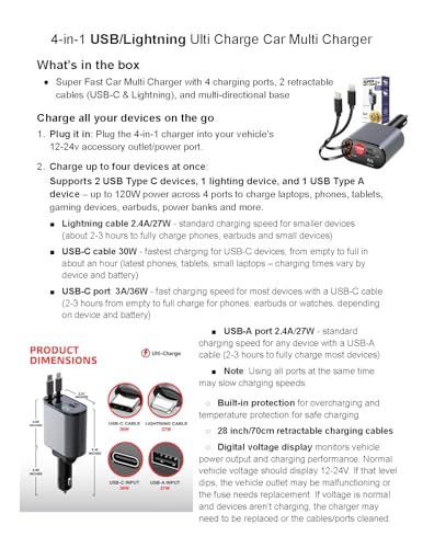 Ulti Charge iPhone Car Charger USB C Fast Charge Retractable 120W 4 (Retractable Lightning & USBC)
