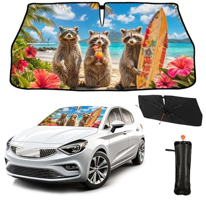 Funny Raccoon Car Windshield Sun Shade Umbrella Hawaiian Raccoon Car Sun Shade Umbrella Block UV Rays Heat Foldable Windshield Umbrella Sun Visor Protector (Racc-2)
