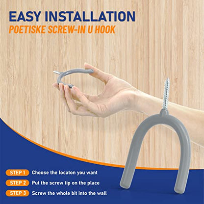 POETISKE Screw in U Utility Hooks Wall Mount Garage Storage Organizer Hanger Hanging Shovels Broom Guitar Garden Tools Heavy Duty Vinyl Holder 16pack