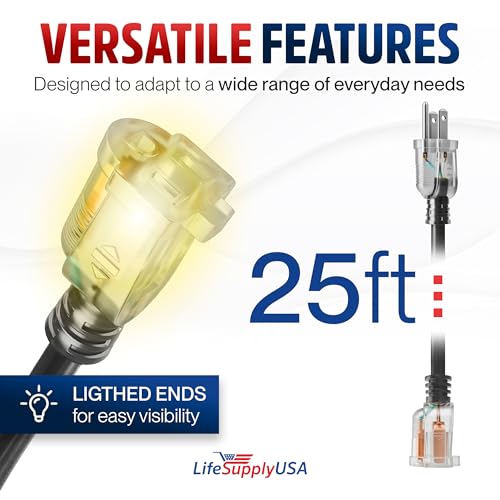 25ft Outdoor Indoor Extension Cord 12 (25 FT / 12AWG / Black)