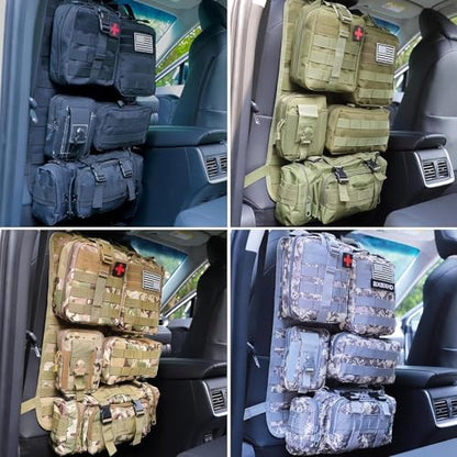 Universal Tactical Seat Back Organizer Vehicle Molle Panel Organizer Storage Bag with 5 Detachable Molle Pouch for All Vehicel Such as Jeep (A model-Black Camo)