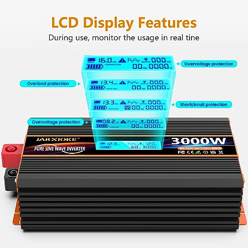 3000 Watt Pure Sine Wave Power Inverter 12V DC to 110V 120V Converter for Family RV Off Grid Solar System Car with Type (12V-3000W)