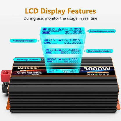 3000 Watt Pure Sine Wave Power Inverter 12V DC to 110V 120V Converter for Family RV Off Grid Solar System Car with Type (12V-3000W)