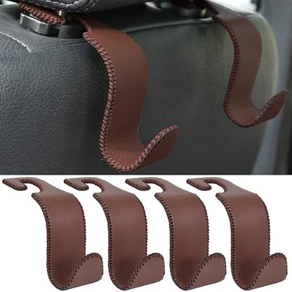 4 Pack Car Headrest Hooks Holds 55lbs Seat Storage Organizer for Bags (Leather Brown)
