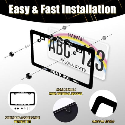Stainless Steel Funny Fish Text License Plate Frame 12.3 x 6.3 Inch (Funny Fish Fear Me)