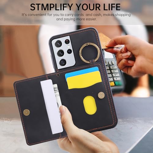 Compatible with Samsung Galaxy S21 Ultra 5G Wallet Case and Screen Protector Crossbody Shoulder Strap Ring Buckle Stand Card Holder Phone Cover for S21ultra 21S S 21 21ultra G5 Women Men Black (Black / for S21 Ultra)