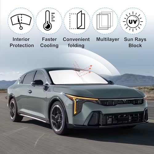 Sun Shade for Kia K4 2025 2026 Accessories Windshield Sun Shade Window Shade UV Rays Protection Sun Visor Cover with Steering Wheel Sunshade Storage Bag (Windshield Sunshade for Kia K4 2025 2026)