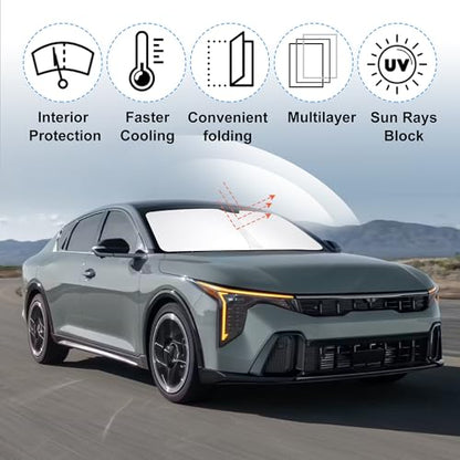 Sun Shade for Kia K4 2025 2026 Accessories Windshield Sun Shade Window Shade UV Rays Protection Sun Visor Cover with Steering Wheel Sunshade Storage Bag (Windshield Sunshade for Kia K4 2025 2026)