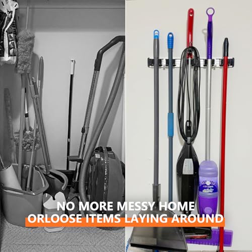 Broom Holder Wall Mount Mop Hanger Tools organizer 4Racks 5Hooks (Black)