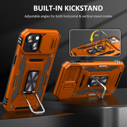 Orange Case for iPhone 15 with Slide Camera Cover & Stand (★ iPhone 15 【6.1 inches】 / Orang+Black)