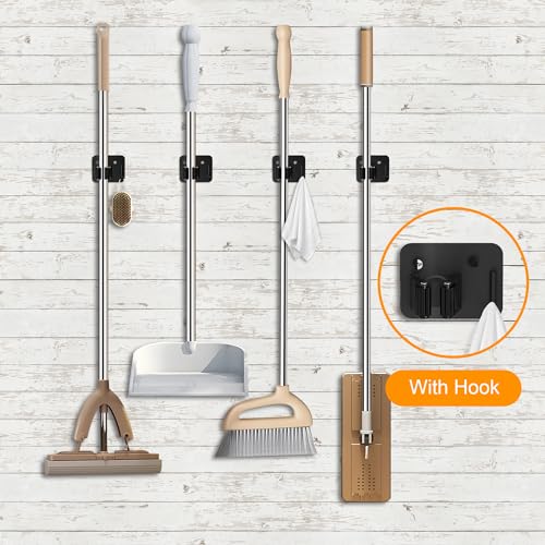 4 Pack Stainless Steel Heavy Duty Broom Holder Wall Mount with Hook (D-Black / 4PCS Gripper)