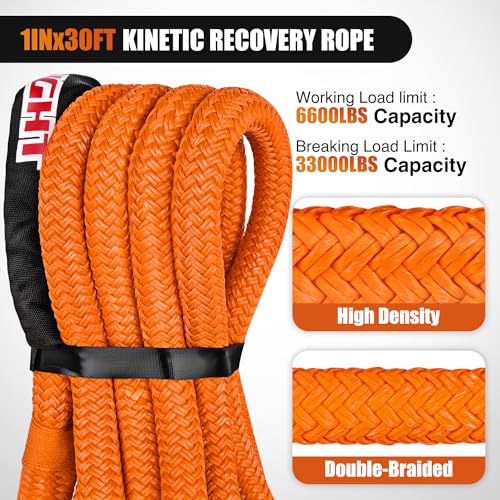 Kinetic Recovery Rope 33000 LBS 1" x 30ft Snatch Strap Heavy Duty Offroad Towing Starp Kit Vehicle Recovery kit for UTV ATV SUV Truck Car Jeep Tractor (1in x 30ft Rope / Straps)