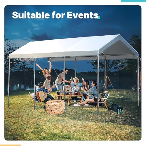 Carport Replacement Canopy Cover for Car Tent Top Garage Shelter Cover Tarp with Ball Bungees (White / 10' x 20')