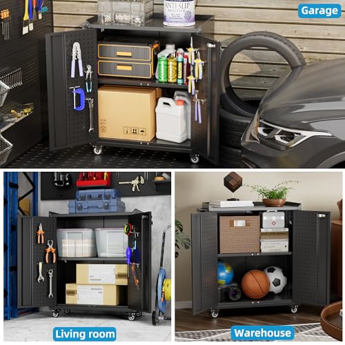 71" Metal Garage Storage Cabinet with Pegboards (Black&silver / 15"D x 30"W x 71"H)