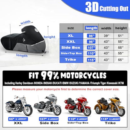 Motorcycle Cover 420D Heavy Duty Storage for Touring Models Harley Davidson Road King (Gray / 107“ - Side Box)