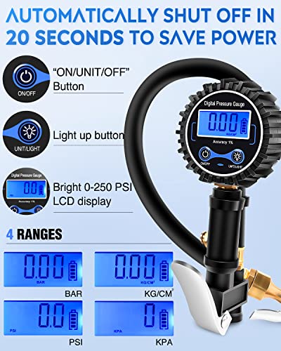50057A Digital Tire Inflator Deflator with Pressure Gauge 250 PSI Air Chuck and Compressor Accessories with Rubber Hose and Quick Connect Coupler for 0.1 Display Resolution (Tire Inflator Gauge Style 2)
