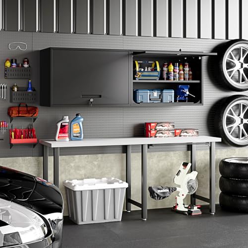 Metal Wall Storage Cabinet Adjustable Shelf 22'' Tall Steel Garage Wall Mounted Cabinet Lockable Floating Garage Storage Shop Trailer Tool Assembly Required (Black / 22" Tall)